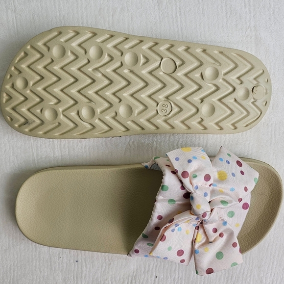 Flat Slide Sandals Slip-On Waterproof Flip-Flops Casual Shoes, Pink Bow Polkadot - Picture 6 of 8